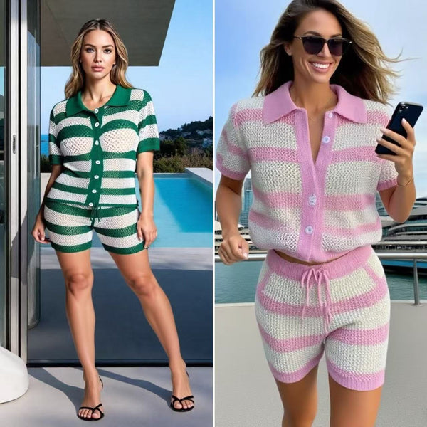 European and American knitted lapel retro striped loose version cardigan top high waist shorts women's beach pants set