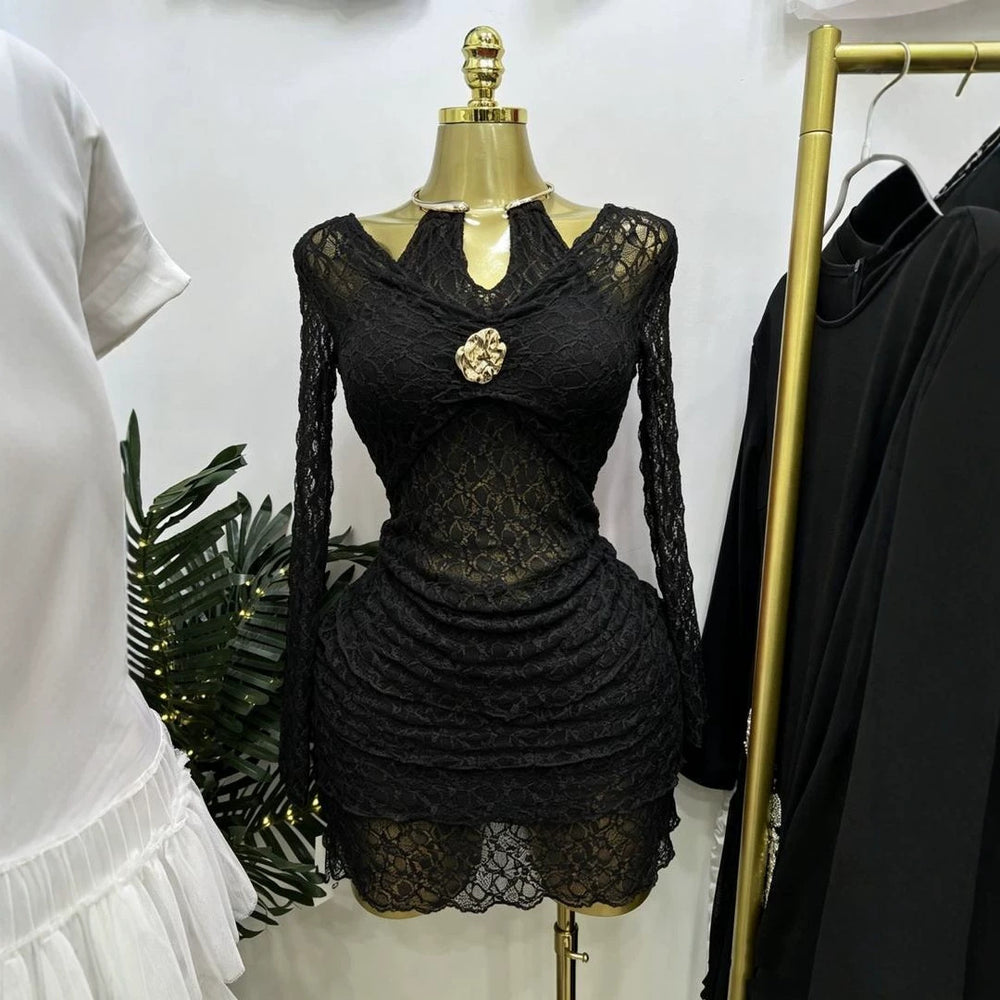 supply inslace tight pure desire v-neck long sleeves metal collar three-layer ruffle hem silmdress