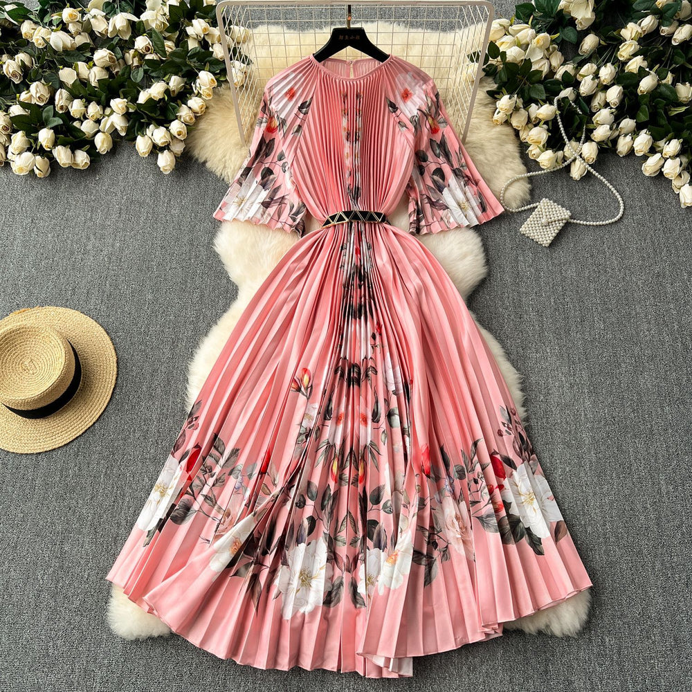 European and american retro court style design printed long dress with heavy pleating, puff sleeves, and pleated skirt - spring collection for women