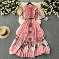 European and american retro court style design printed long dress with heavy pleating, puff sleeves, and pleated skirt - spring collection for women