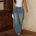 Fashionjeans women's high waist washed hot diamond wide leg mop pants export hot girl heavy industry sparkling diamond denim pants