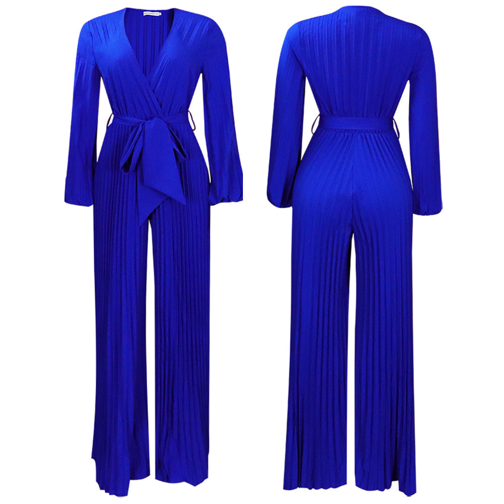 C8468   european and american summer new v-neck sexy tie-up pleated wide-leg plus size foreign trade jumpsuit
