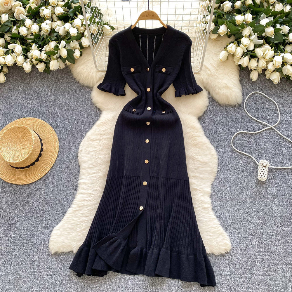 French retro chic knit dress - women's summer ruffle trim single-breasted design - elegant & luxe maxi dress