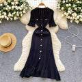 French retro chic knit dress - women's summer ruffle trim single-breasted design - elegant & luxe maxi dress