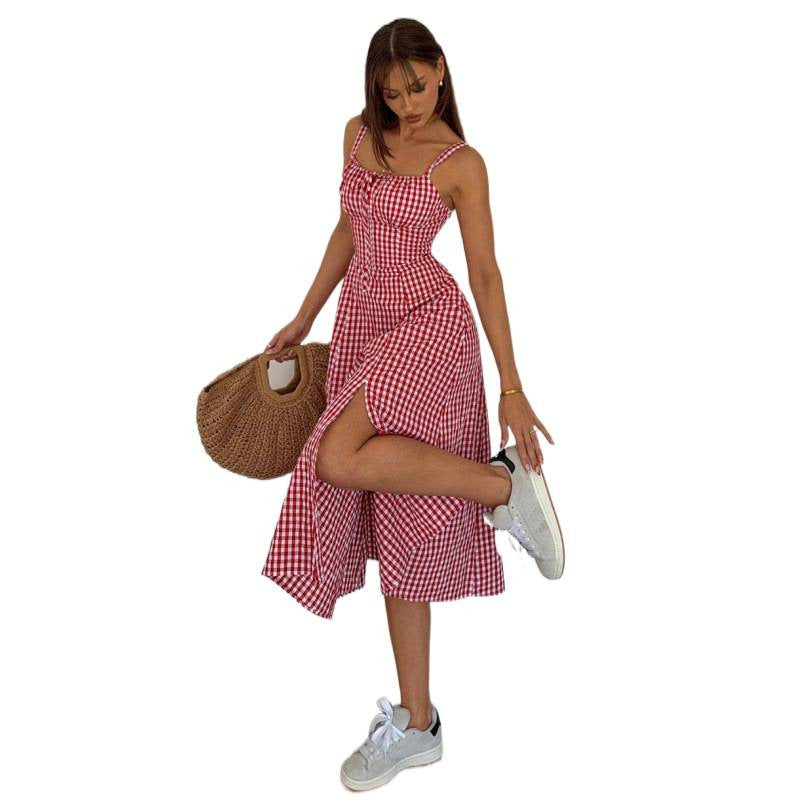 european and american cross-border new summer plaid cami dress - hot girl style