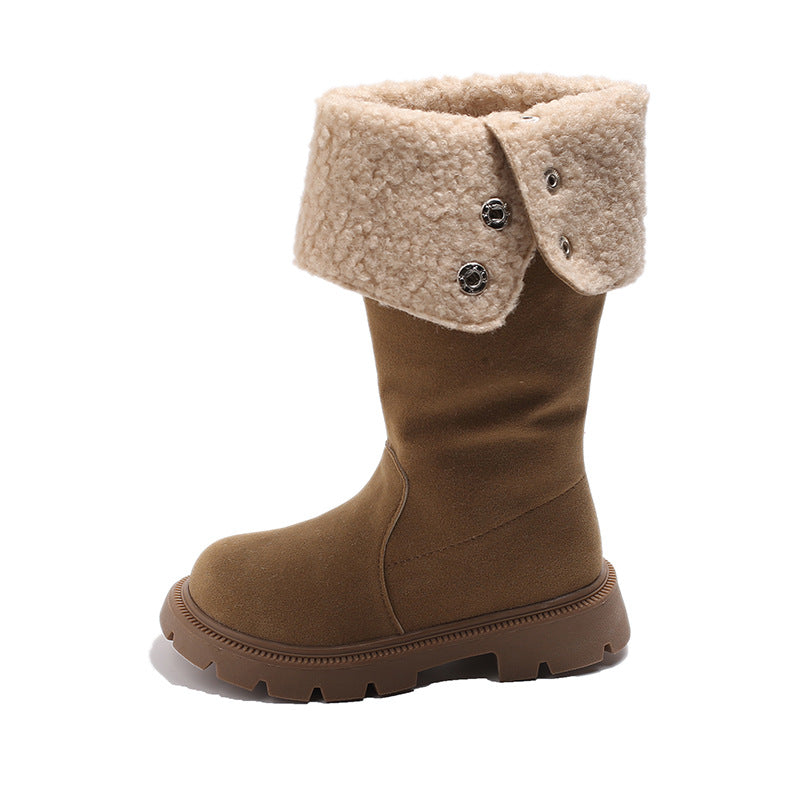 ins velvet boots 2025 autumn and winter new Korean version of girls Maillard flanged high boots thermal cotton boots