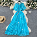 European and american light luxury high-end short-sleeve dress for women - summer pleated, rhinestone-embellished, pearl belt design