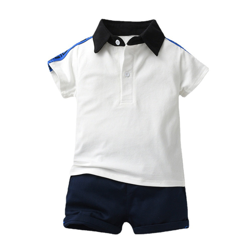 European and american new boys' summer two-piece set: boys' summer outfit, cotton patchwork polo shirt, t-shirt for mid-to-large children