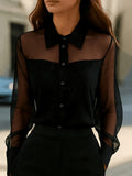 fashion  summer new arrivalpatchwork mesh lapel shirt see-through long sleeves single-breasted work clothing black tops