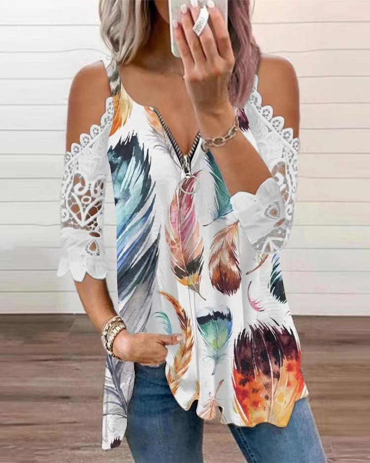 new spring/summer cross-border women's fashion: european and american style export top - camisole with cutout lace sleeves, knitted t-shirt for women