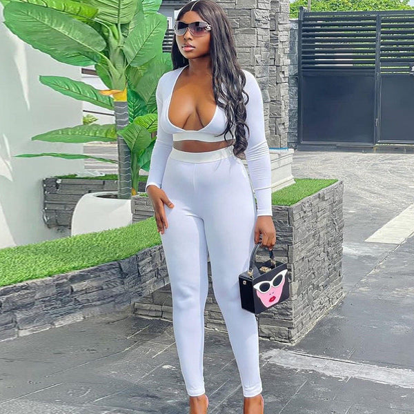 European and American style  casual commuter women's clothing sexy sports solid color pants set long-sleeved top leggings two-piece set