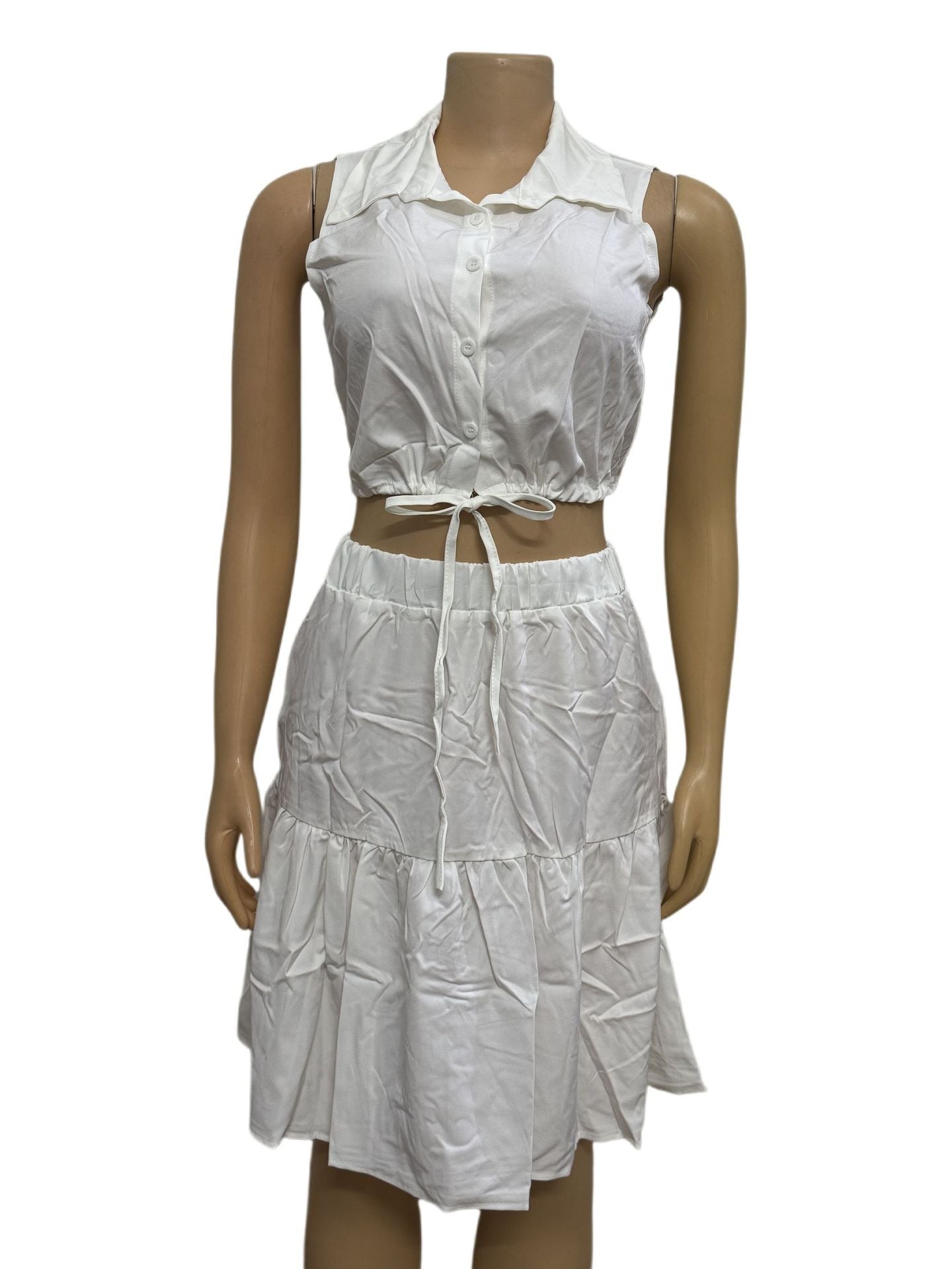 European and American new two-piece set, lapel sleeveless cardigan, open button lace-up top, A-word short skirt set