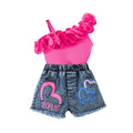 new girls' ruffle trim one-shoulder cami top + heart print denim shorts set