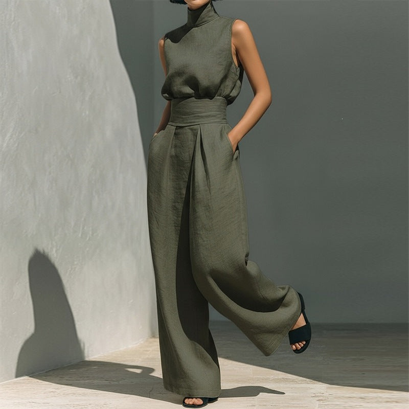 summer new women's clothing: cross-border european and american style, fashionable and elegant solid color high neck sleeveless straight-leg pants set