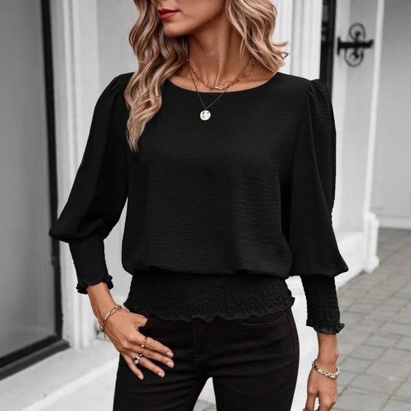 Spring and Autumn New Fashion Elegant Crew Neck Shirt Women's Solid Color Simple Pullover Lantern Sleeve Long Sleeve Loose Shirt Wholesale