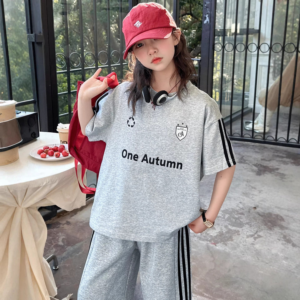 Girls' summer outfit  new style: trendy activewear set for big kids - casual short-sleeve letter tee two-piece