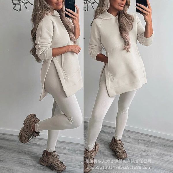 LZR18928 new medium and long side high split casual pullover hoodie set leggings
