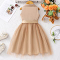 Girls' (sizes) solid color sleeveless turn-down collar mesh dress with woven belt