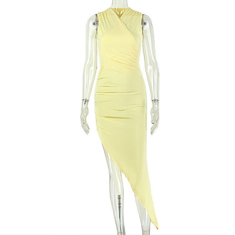 Fashion style ins cross-border women's clothing v-neck thin waist wrapped chest home hip-covering skirt pleated slit asymmetrical long dress