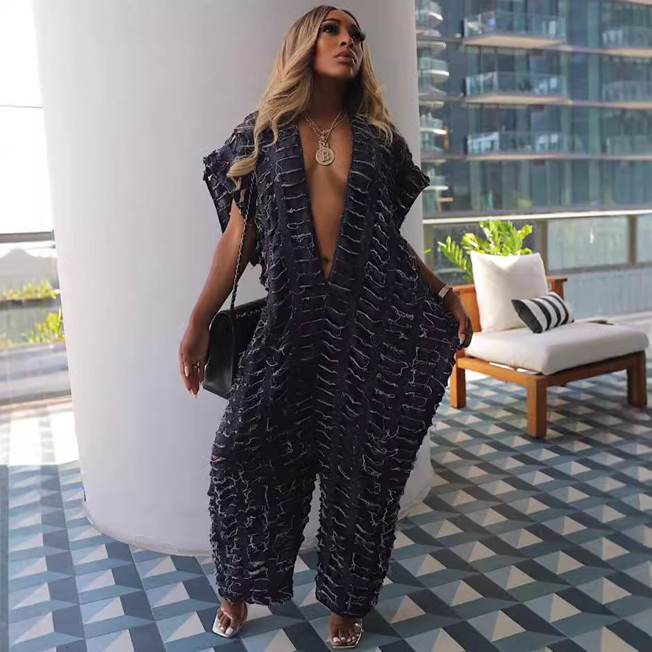 European and american style loose denim jumpsuit -  cross-border women's sexy deep v ripped wide leg overalls