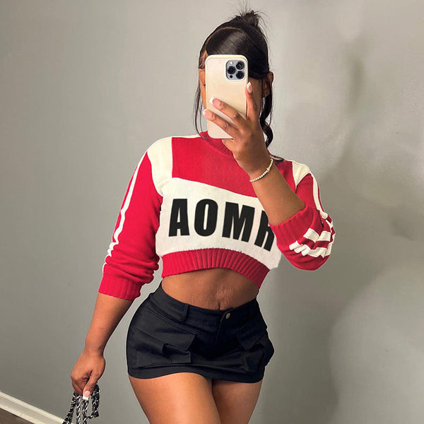 New  festive festival letter contrasting knitted top round neck pullover short long-sleeved sweater women