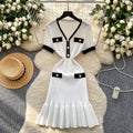 Frenchretrocontrast colorv neck short-sleeved metal buckle waist knittingdress women's summer silm fishtail hip skirt