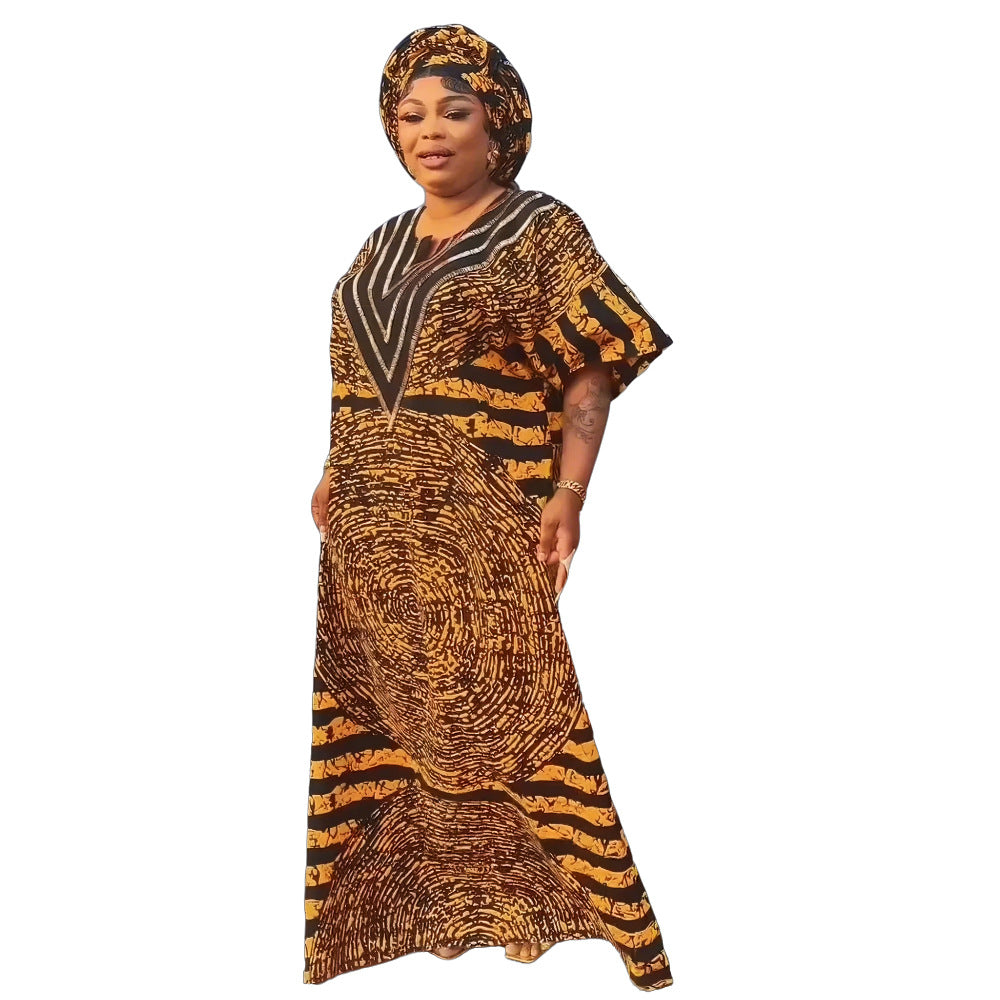 European and american african women's printed loose robe plus size long dress   rhinestone dress in stock