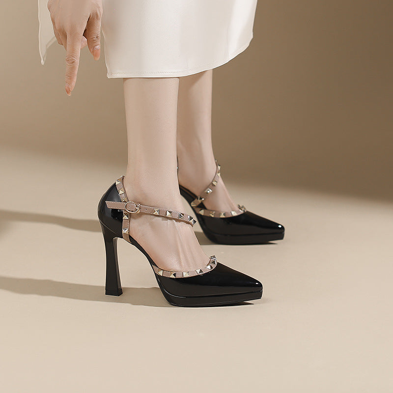 105-8 elegant and comfortable rivet-embellished high heel sandals - 2025 summer new collection - pointed toe stiletto heel with platform