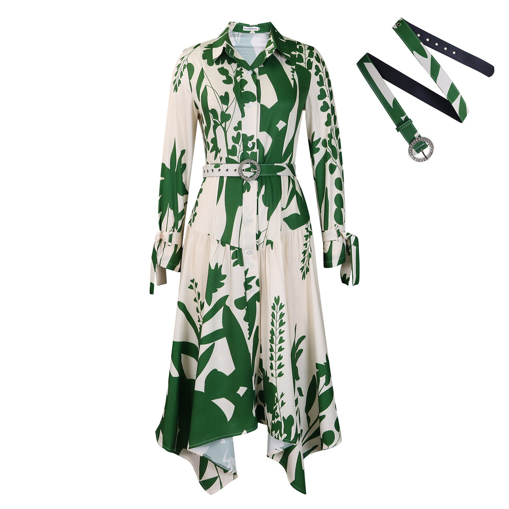 European and american export women's summer new fashionable elegant printed turn-down collar long sleeve irregular skirt printed european and american dress
