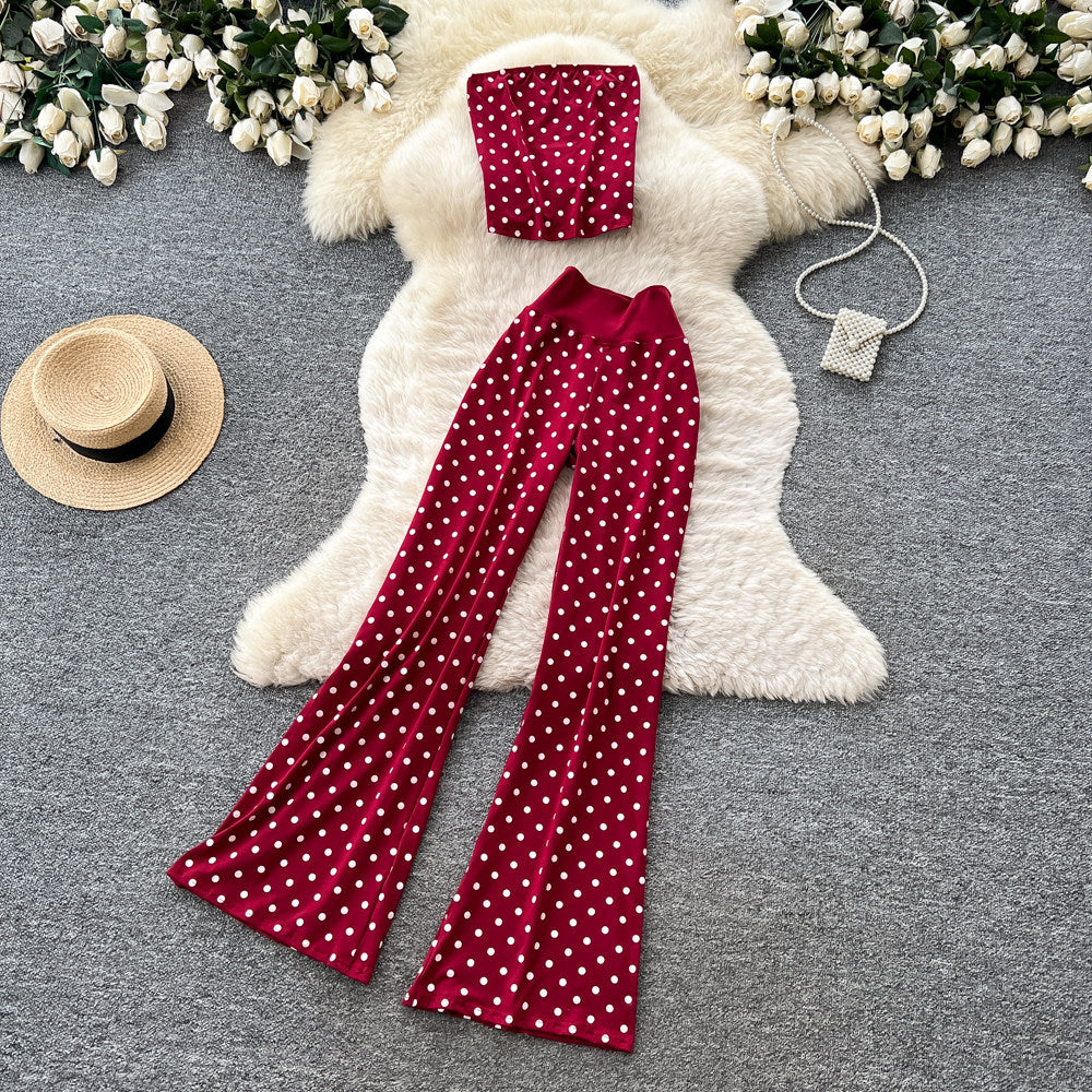 K-style high waist polka dot casualcasualtwo-piece set female summer lazy style slimming look silmsuitelegant outfit