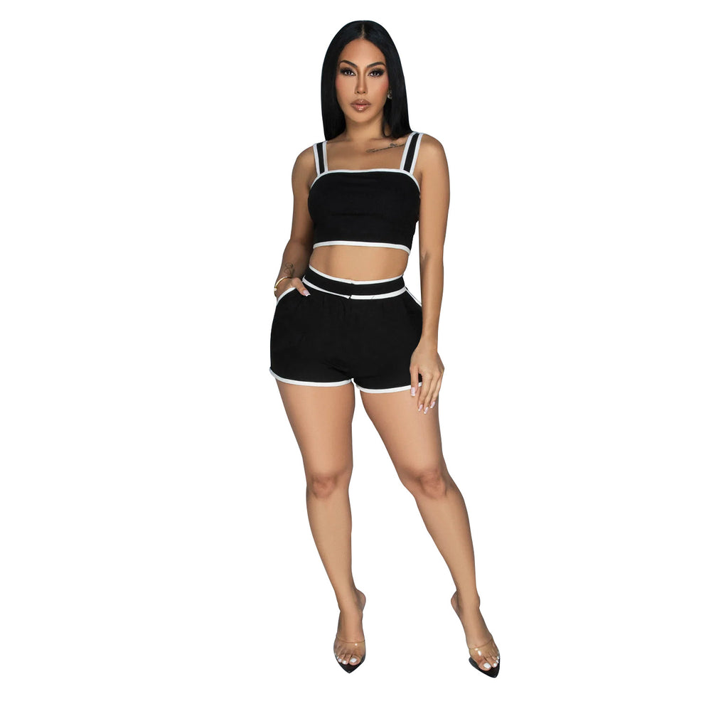 C6966 cross-border   independent station fashion women's solid color camisole and shorts two-piece set