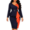 Autumnew arrivalwork clothingpatchworkcontrast colorlong sleeves one-step skirt silm belt ruffles hip-covering dressdress