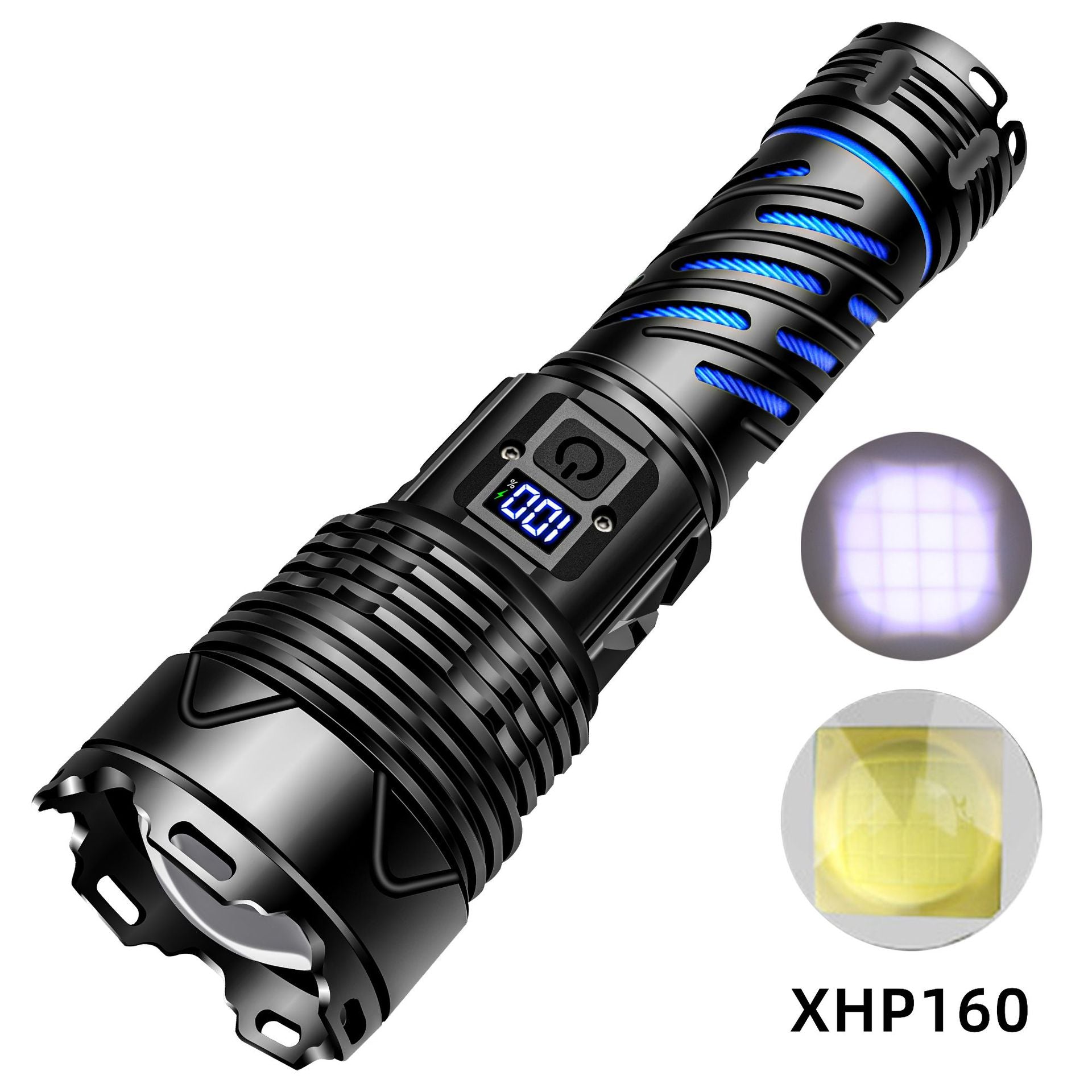 Cross-border new digital display power indicator P160 strong light flash flashlight with chong electric treasure adventure outdoor flashlight