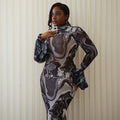 European and american cross-border women's fashion:  spring/summer new arrival - elegant printed turtleneck flared sleeve slim-fit maxi dress