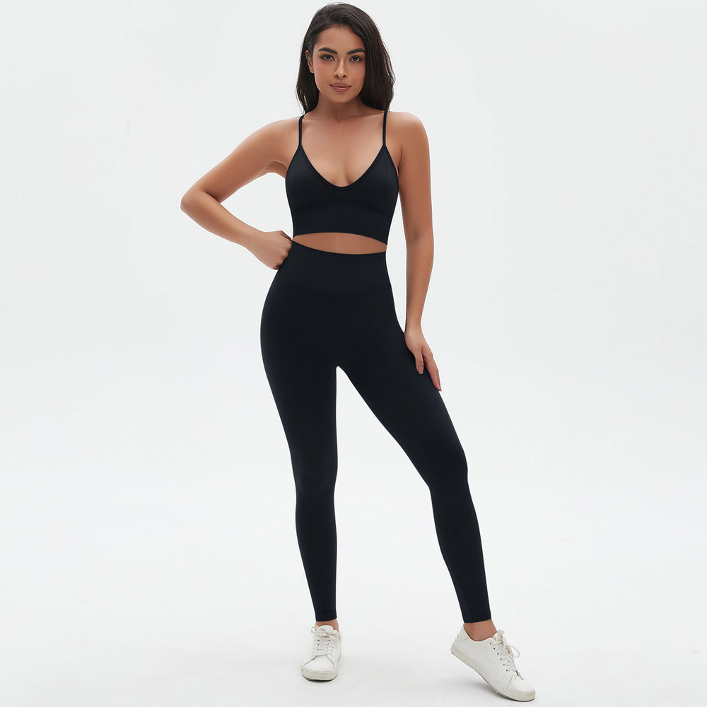New arrival cross-border seamless pure color tight sexy sling beautiful back yoga suit sports running fitness two-piece set