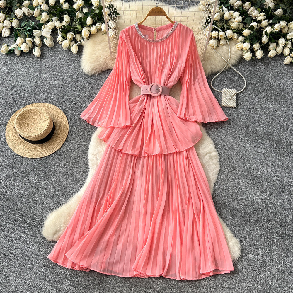 Heavy industry diamond-encrusted bell sleeves pleated sequindress women's red waist slimming look a-line large skirt qianjin style
