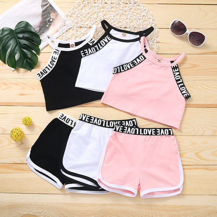 European and american kids' cross-border ins style girls'  summer activewear tank top and shorts set - trendy casual outfit