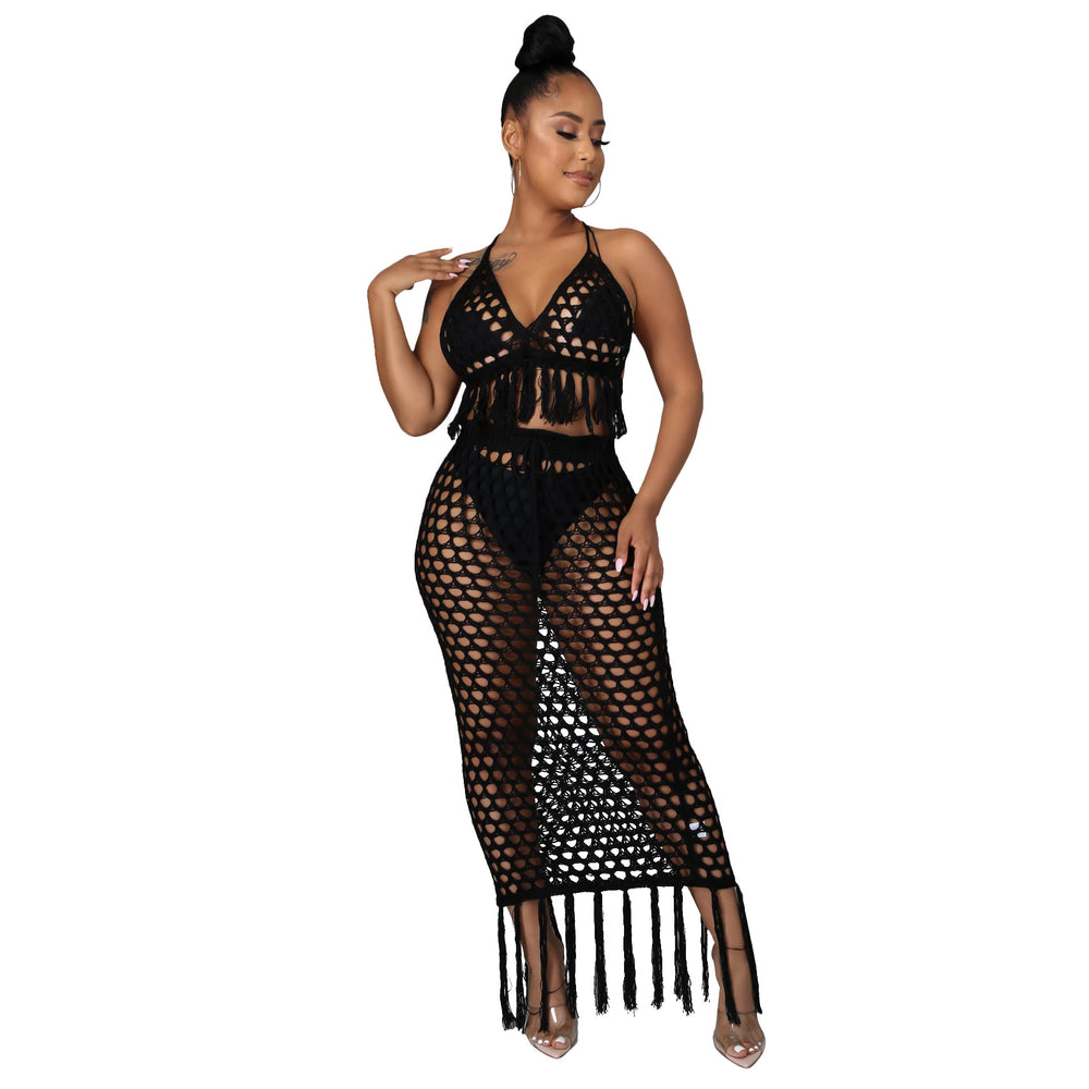 e-commerce source factory: european and american sexy women's knitted set, cutout swimsuit beach cover-up two-piece set