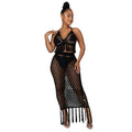 e-commerce source factory: european and american sexy women's knitted set, cutout swimsuit beach cover-up two-piece set