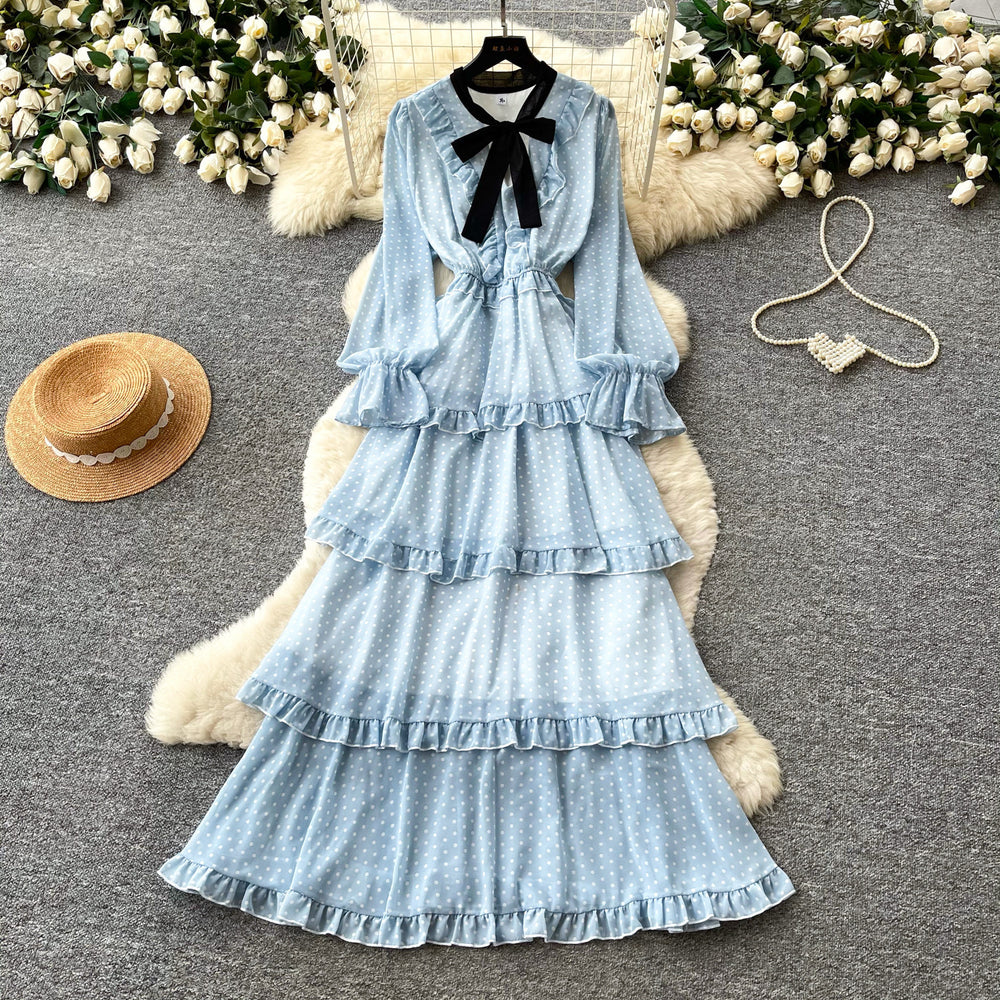French sweet polka dot long sleeve tiered dress - women's autumn bow ruffle cake dress - unique designer style