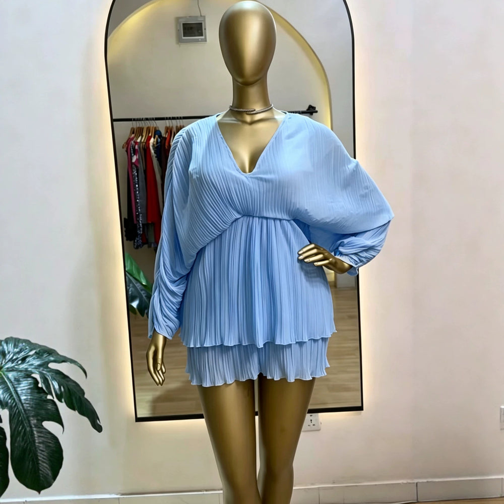 supply v neck pleated chiffon bat sleeve elastic waist free size short skirt dress