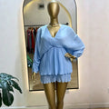 supply v neck pleated chiffon bat sleeve elastic waist free size short skirt dress