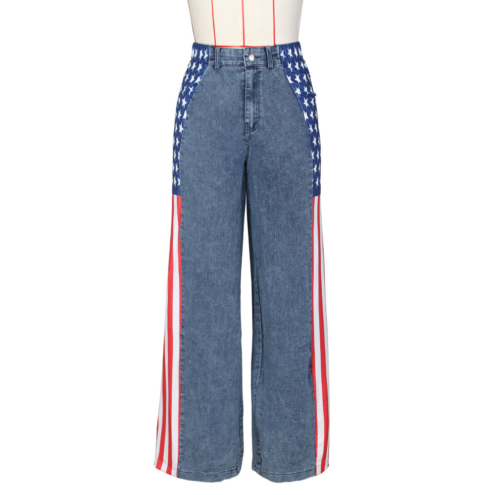 fashion american flag print stretch wide leg denim pants women's casual high waist straight leg jeans