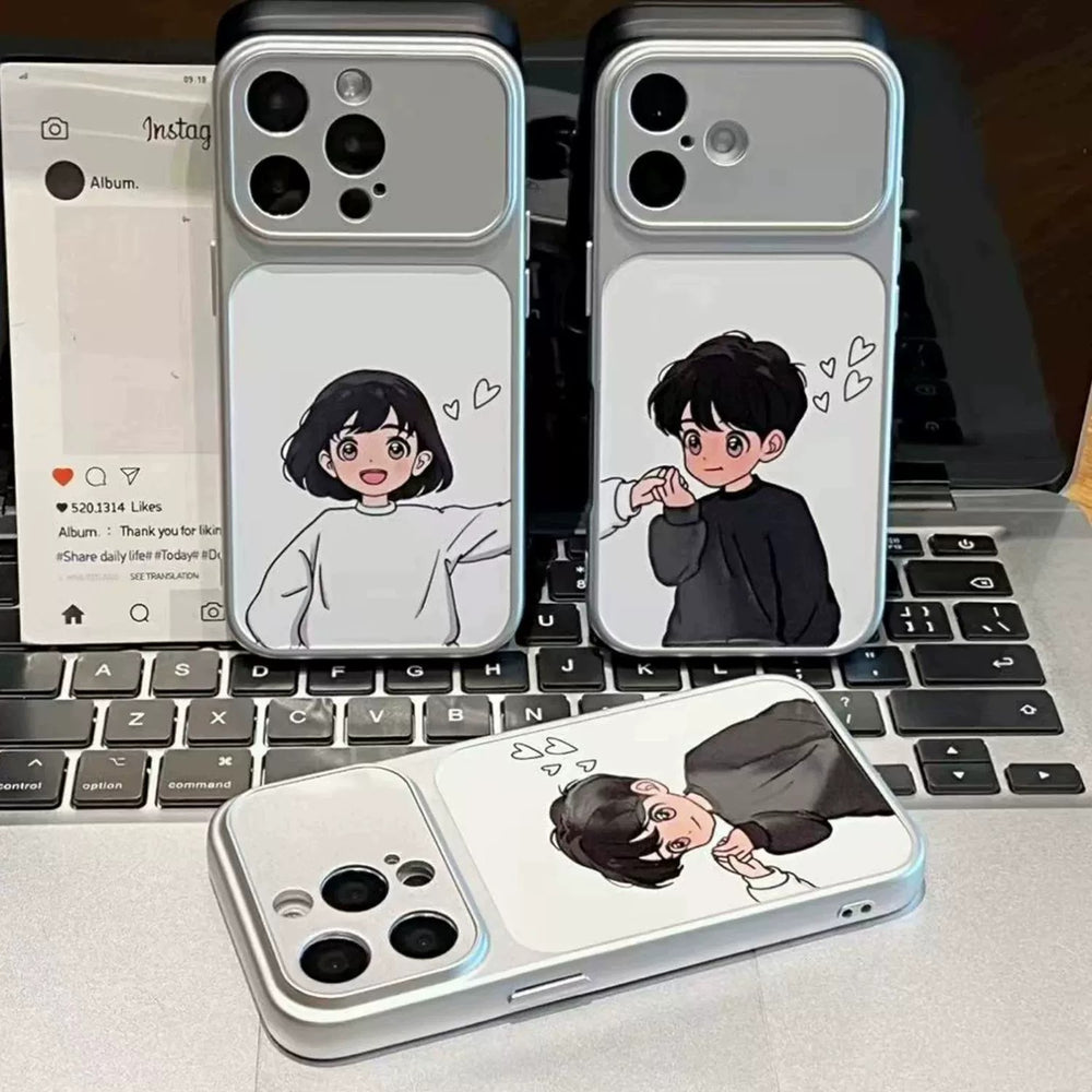 Suitable for apple 17pro matte silver electroplated shell, black clothes boy, white clothes girl, couple iphone18 mobile phone case