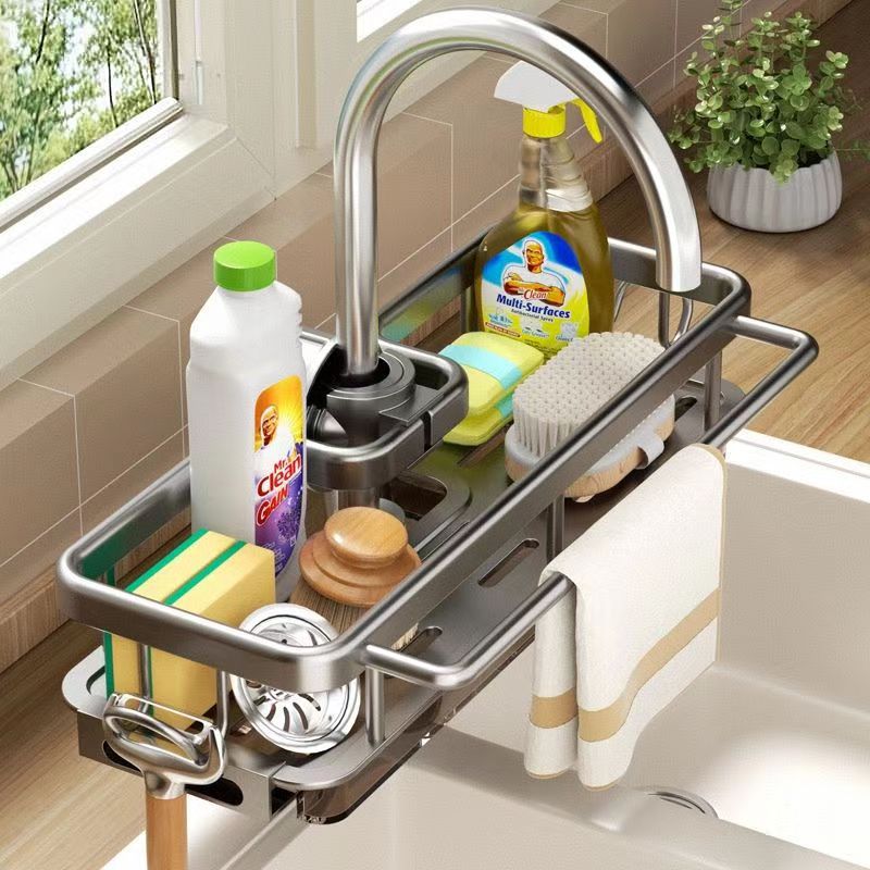 Space aluminum faucet rack, space aluminum drain basket, kitchen sink storage hook, rag rack, nail-free mesh basket