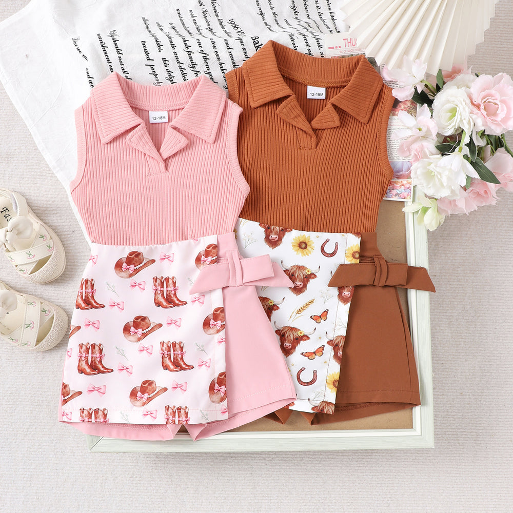 fashionsummer new pure color vest lapel a-line shorts skirt all-in-one children's clothing suit sweet cool style girl