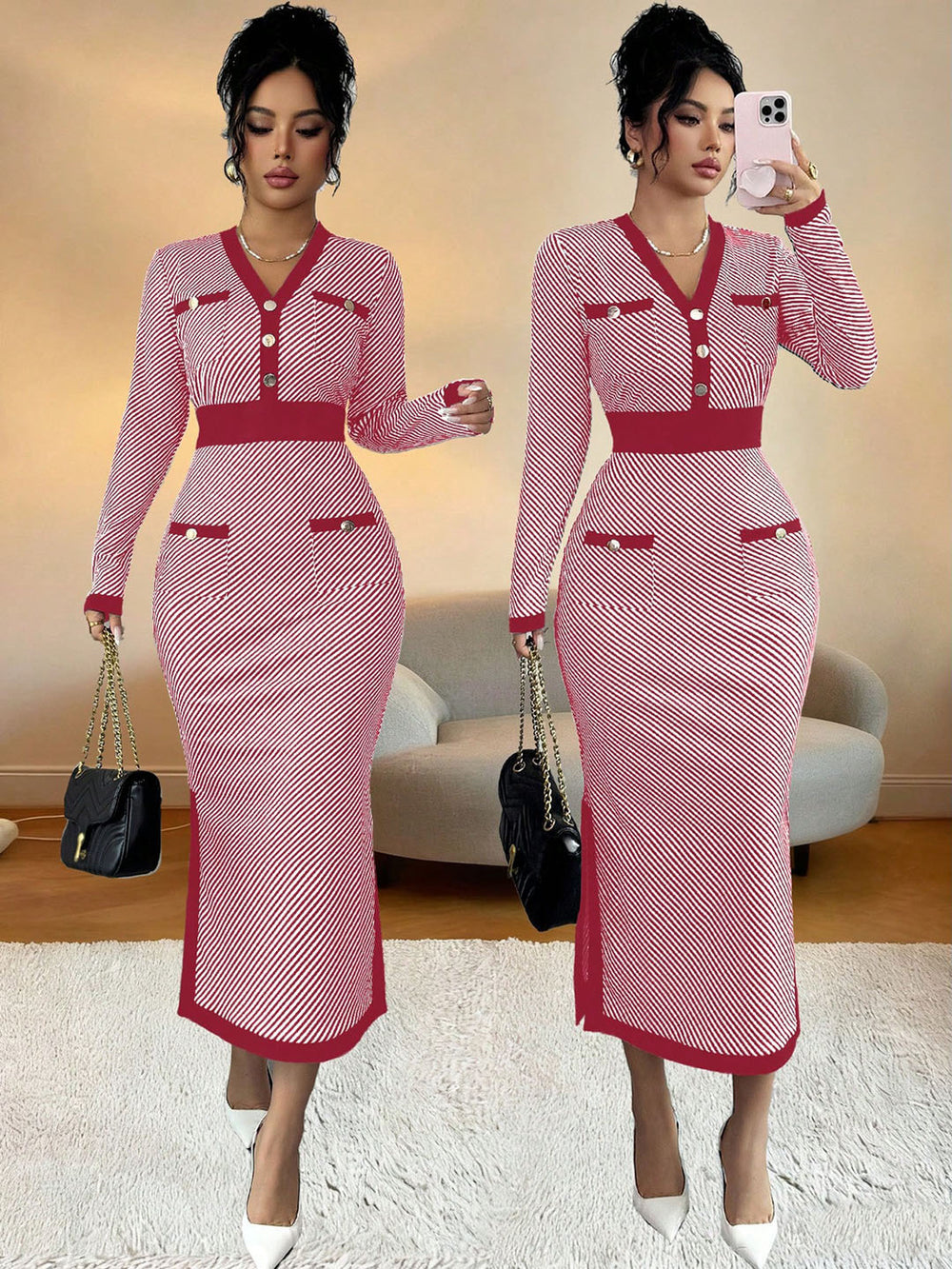 fashion  new arrival: chic & sophisticated v-neck black knit dress -  spring collection