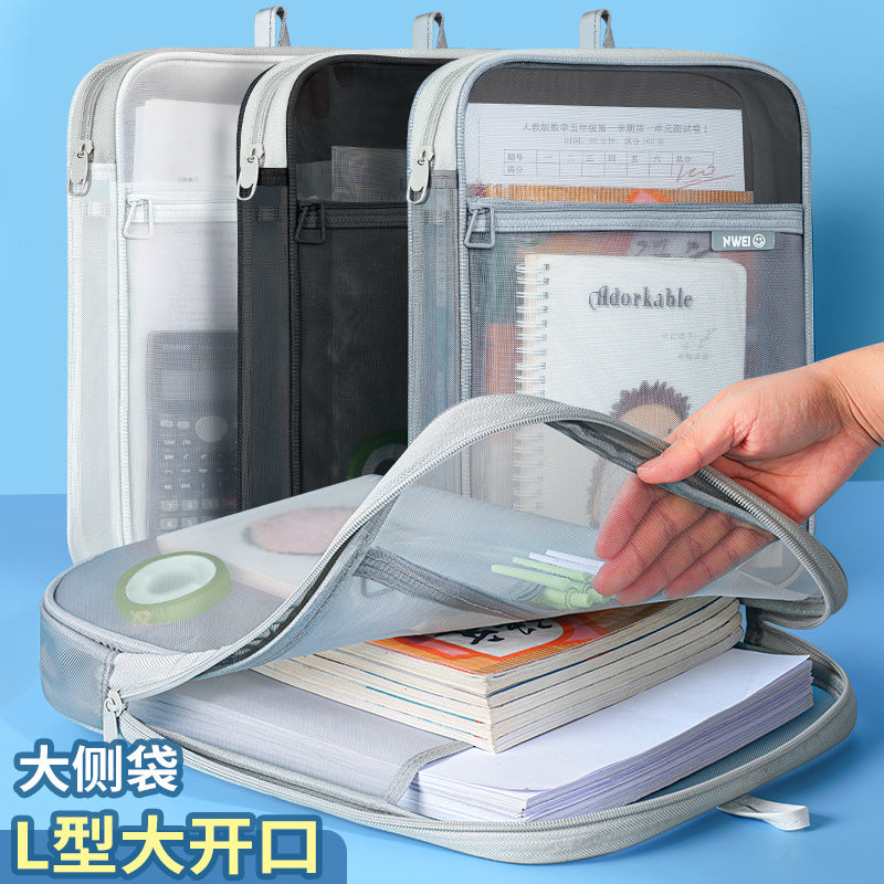 L-shaped subject subject classification bag, file bag, transparent test paper storage bag, zipper-type portable primary school student carrying book bag