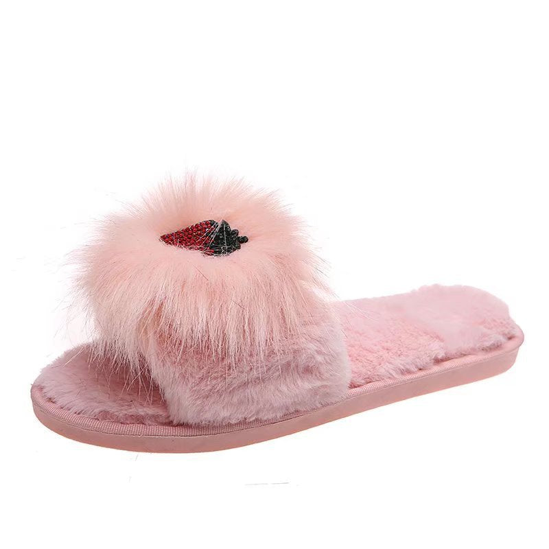 Girls' new rhinestone strawberry furry slippers for home home long hair cotton slippers heattechstuffedthickened openings winter