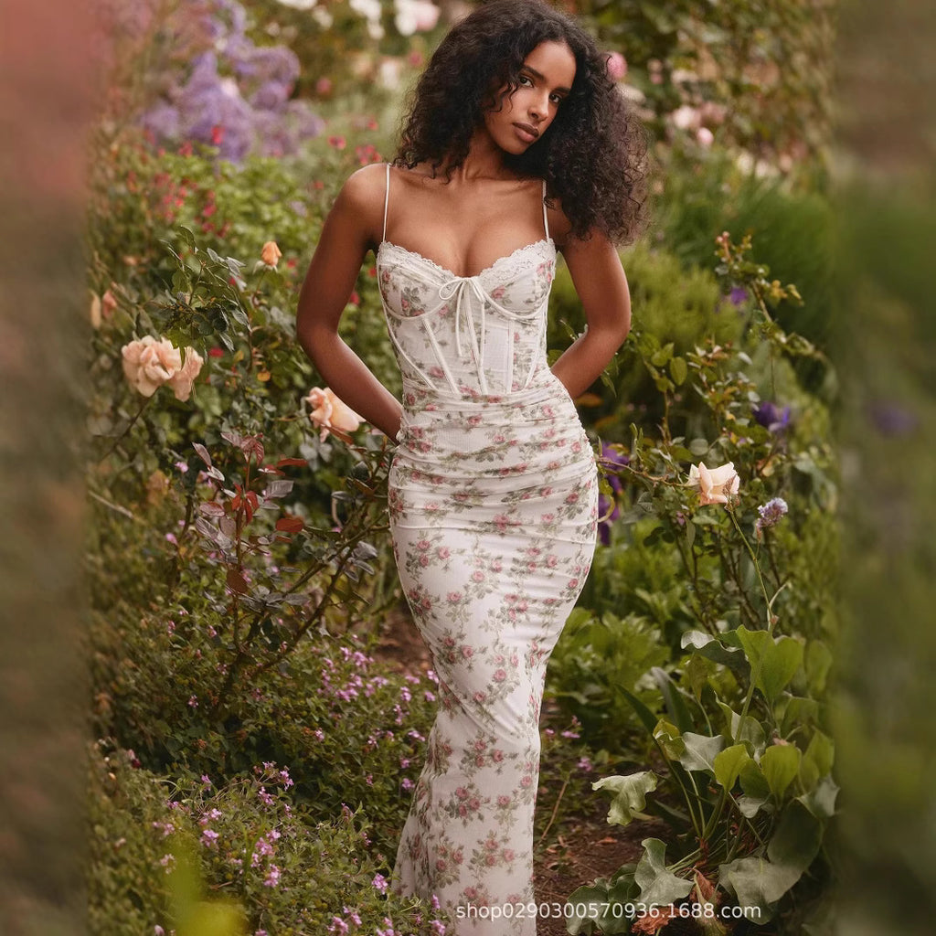 SDM161 temperament printed tube top suspender chest cotton with fishbone straps dress hip skirt Dress